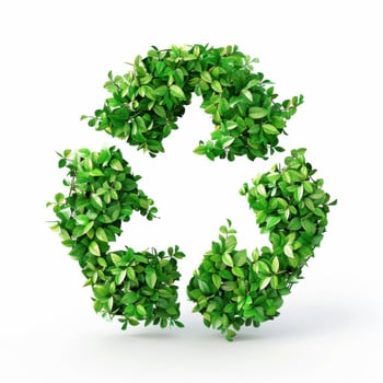 Photorealistic image of recycling symbol made of green leaves isolated on white background. photo