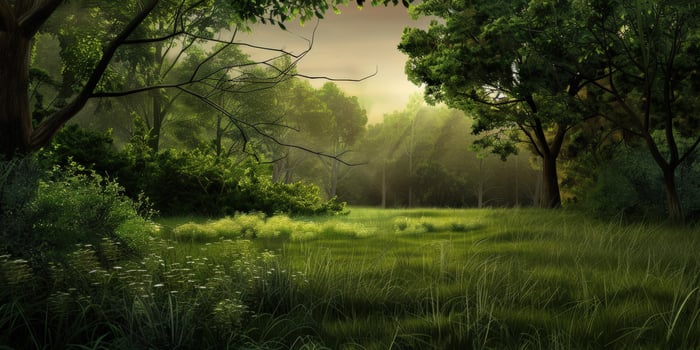 Green Meadow Bathed in Warm Light at Sunset With Trees and Gentle Breeze photo