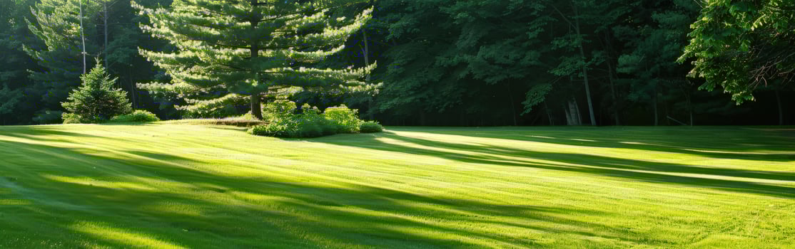 Morning Light Over a Lush Green Meadow Surrounded by Trees photo