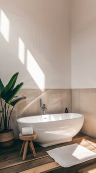 Modern Minimalist Bathroom With Oval Freestanding Bathtub and Natural Light photo