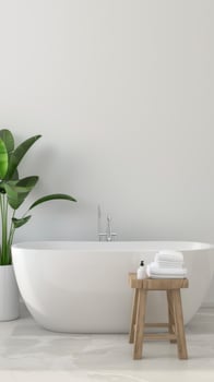 Modern Minimalistic Bathroom With Oval Freestanding Bathtub And Green Plant photo