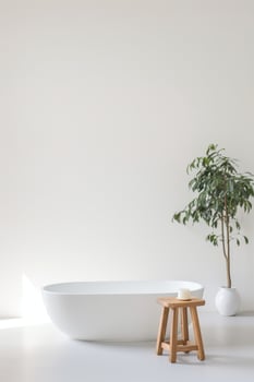 Modern Minimalistic Bathroom Featuring Oval Freestanding Bathtub and Plant photo