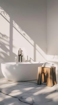 Modern Minimalistic Bathroom Featuring Oval Freestanding Bathtub and Natural Light photo