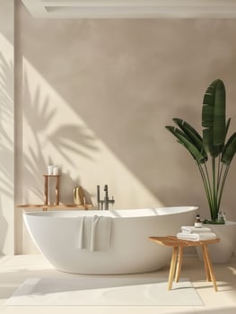 Modern Minimalist Bathroom Featuring Oval Freestanding Bathtub and Tropical Plants photo