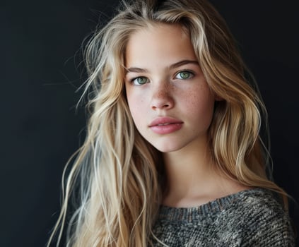 Portrait of Young Woman With Freckles and Long Hair Against Dark Background photo