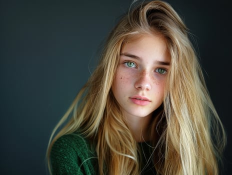 Young Woman With Long Hair and Freckles Against a Dark Background photo