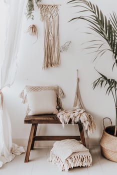 Cozy Boho Living Room With Natural Textiles and Greenery photo