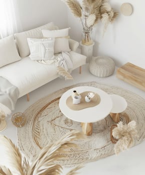 Boho Living Room With Cozy Couch and Natural Decor Elements photo