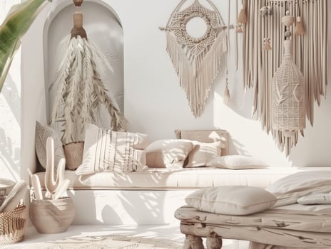 Boho Living Room With Neutral Tones and Textured Decor at Daytime photo
