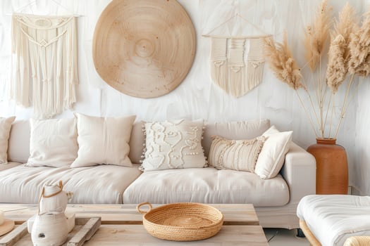Boho Living Room Interior With Neutral Tones and Natural Decor Elements photo