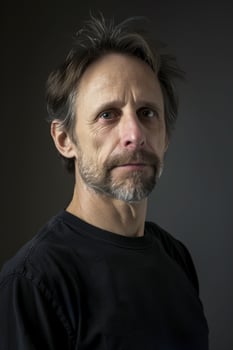 Man in Black Shirt Poses With Serious Expression Against Dark Background photo