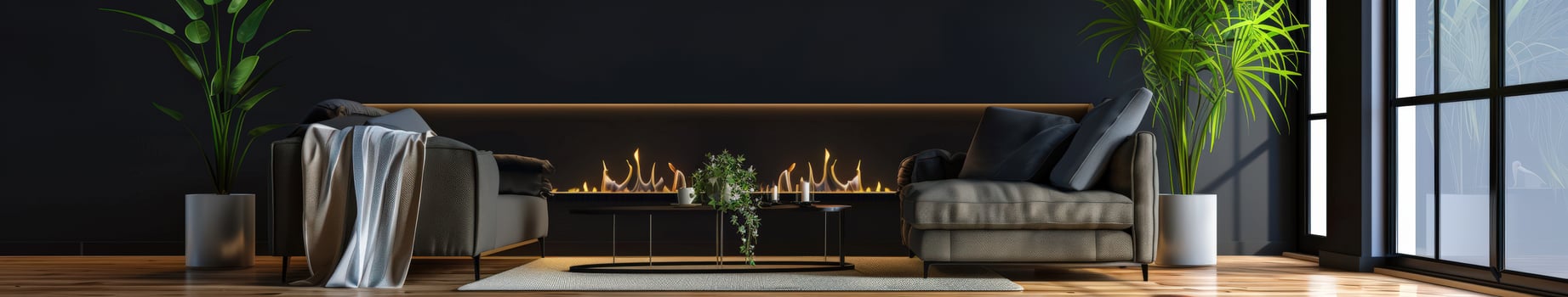 Cozy Dark Living Room Interior With Modern Fireplace and Greenery photo