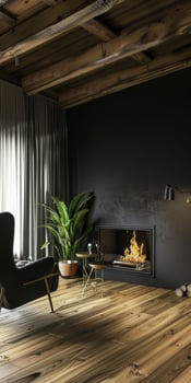 Cozy Dark Living Room With Fireplace and Plant in Evening Lighting photo