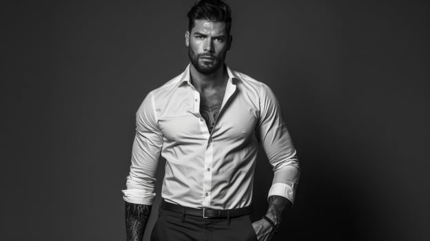 Stylish Man in White Shirt and Dark Pants Posing Against Grey Background photo