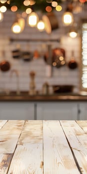 Empty Wooden Table Top in Blurred Kitchen Interior for Product Display photo