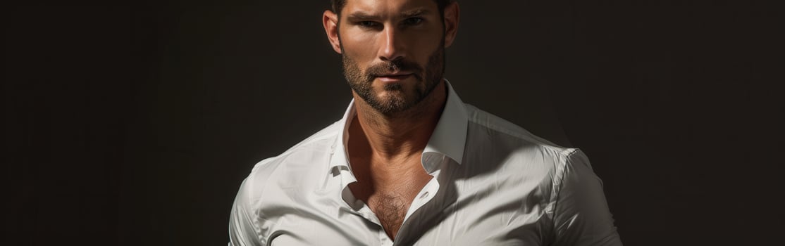 Confident Man in White Shirt Posing Against Dark Background photo