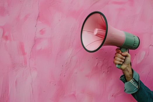 Pink megaphone held in front of a pink wall photo