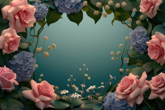 A Floral Frame of Pink Roses, Blue Hydrangeas, and White Flowers photo