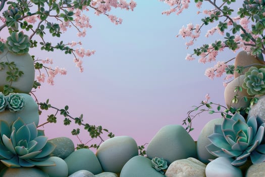 Floral and Succulent Arrangement with Smooth Stones against a Soft Gradient Background photo
