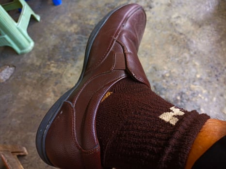 A person wearing a pair of brown shoes photo