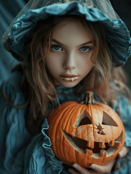 Beautiful girl wearing Halloween costume, holding a Jack O Lantern pumpkin in dark atmosphere photo
