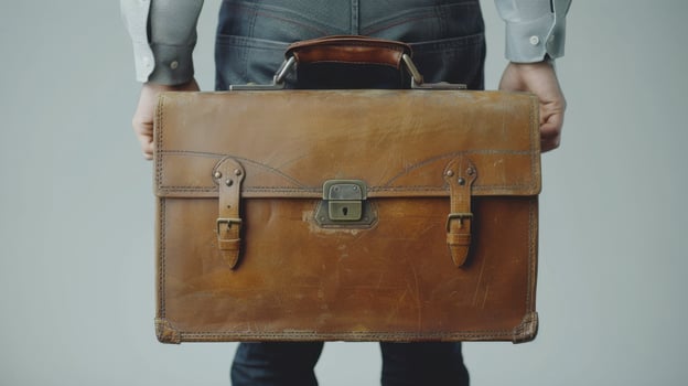 Professional Individual Holding a Classic Brown Leather Briefcase in a Modern Urban Environment. photo