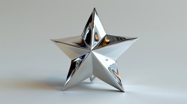 Shiny Metallic Five-Pointed Star Sculpture Displayed Against Neutral Background Brightly Lit for Artistic Effect. photo