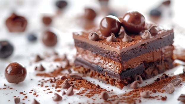 Decadent Chocolate Layered Dessert With Creamy Frosting and Toppings Displayed on a White Background. photo