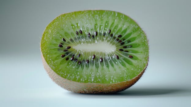 Freshly Cut Kiwi Fruit Showing Vibrant Green Flesh and Tiny Black Seeds on White Background. photo