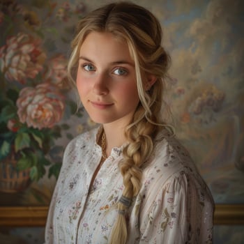 Young Woman With Braided Hair Posing Against Floral Background photo