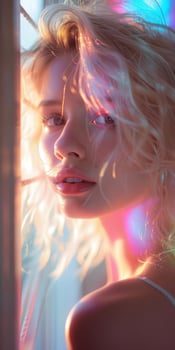 Young Woman With Curly Hair Posing in Sunlight With Colorful Reflections photo