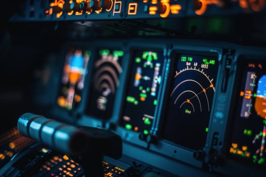 Vibrant displays and controls glow softly, creating a mesmerizing atmosphere in the isolated airplane cockpit. photo