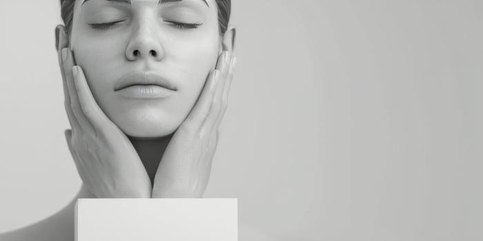 Woman With Eyes Closed, Holding Face, Studio Portrait photo