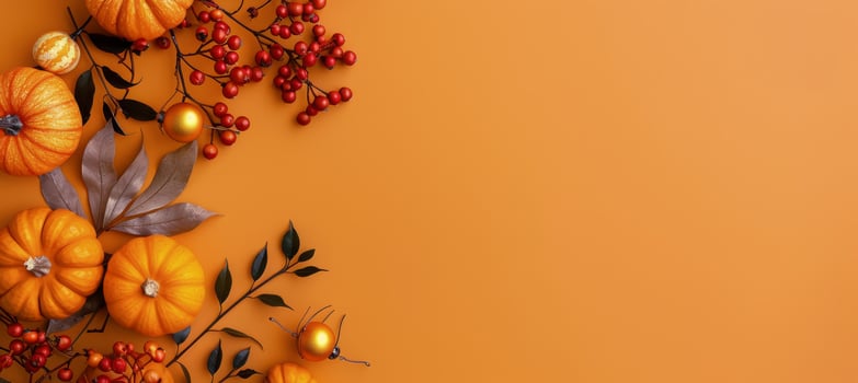 Autumnal Pumpkins and Leaves on Orange Background photo