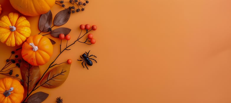 Autumnal Pumpkins and Leaves on Orange Background photo