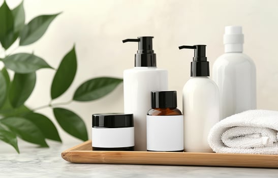 White Bottles and Cream Jar on Wooden Tray photo