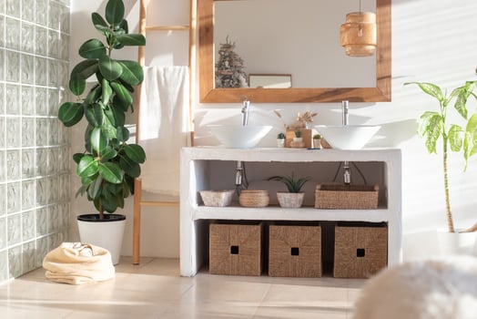 Stylish modern interior of a bright, sunny bathroom photo