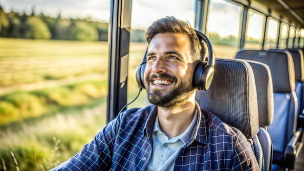 Young man listening to music with headphones in a bus on a sunny day photo