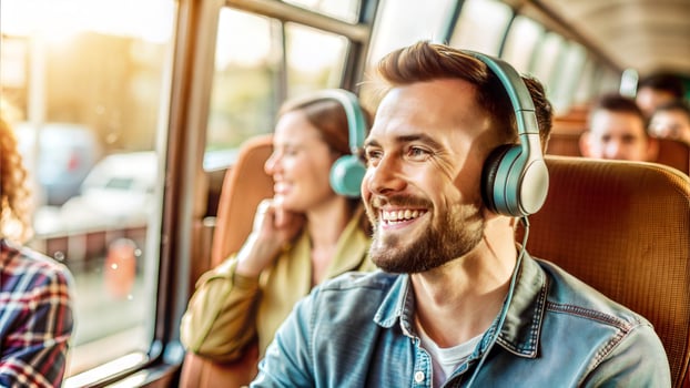 Happy young man listening to music in headphones while riding on a bus. photo