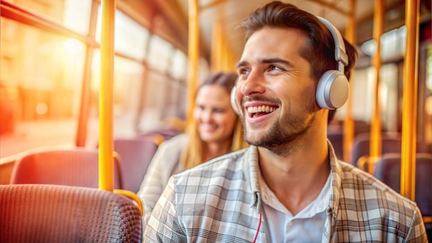 Young couple traveling by bus and listening to music with headphones, smiling. photo