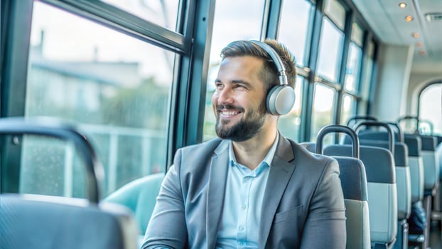 Businessman listening to music with headphones while riding on a bus. photo