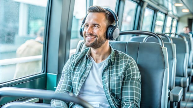 Young man in headphones riding on bus and listening to music in headphones photo