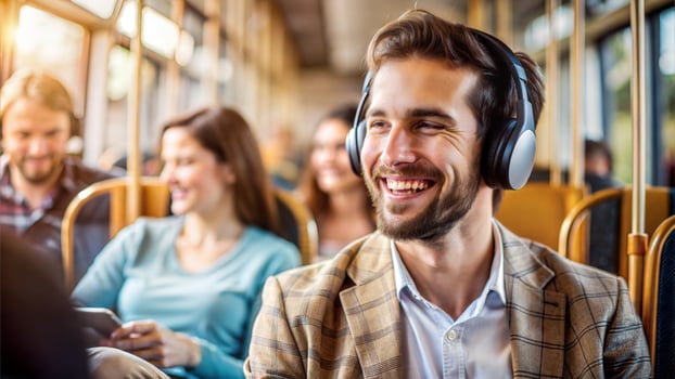 Portrait of happy man in headphones sitting in bus and looking at camera photo