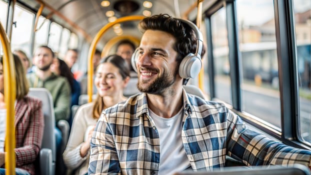 Young man riding a bus and listening to music with his friends in the background photo