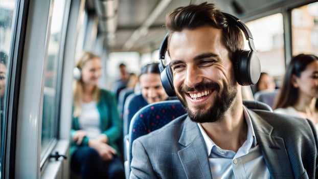 Smiling businessman in headphones sitting in bus and looking at camera. photo