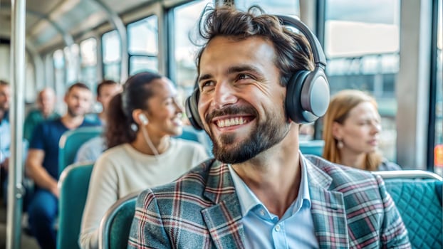 Handsome young man listening to music with headphones while traveling by bus photo