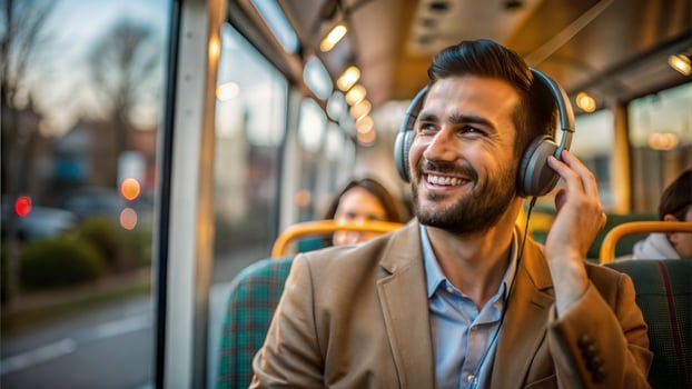 Businessman listening to music in the bus. Business people traveling by bus. photo