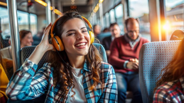 Happy young woman listening to music in headphones while traveling by bus. photo