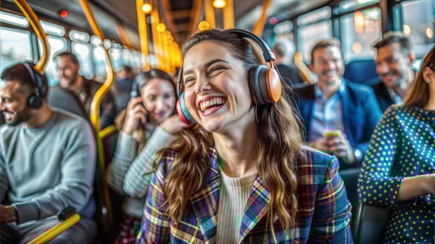 Group of happy people riding a bus and listening to music with headphones photo