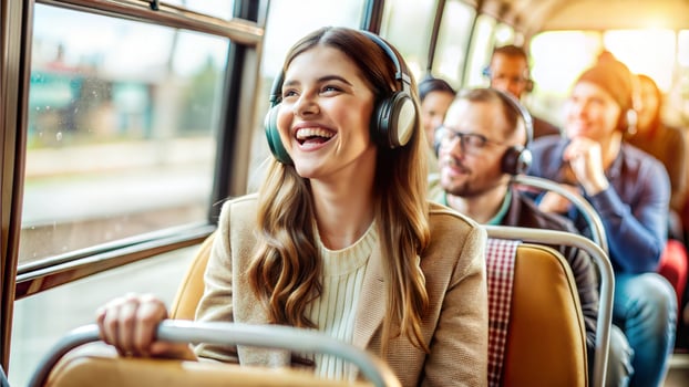 Portrait of happy young woman in headphones sitting in bus and smiling photo